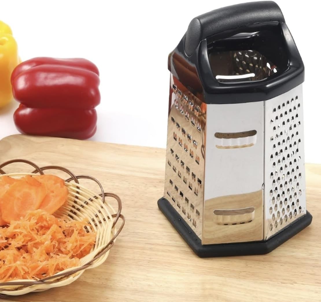 NEW Professional Box Grater, Stainless Steel with 6 Sides, Best for Parmesan Cheese, Vegetables, Ginger, XL Size, Black, 14.5X12X23cm (ZY-N5043A)