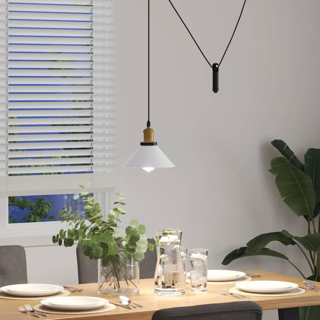 Lampa wisząca z regulacją wysokości, biała, błyszcząca, metalowa, Ø 22 cm, z oprawką E27, system wyciągu, do salonu, kuchni, sypialni, oświetlenie wewnętrzne, możliwość ściemniania