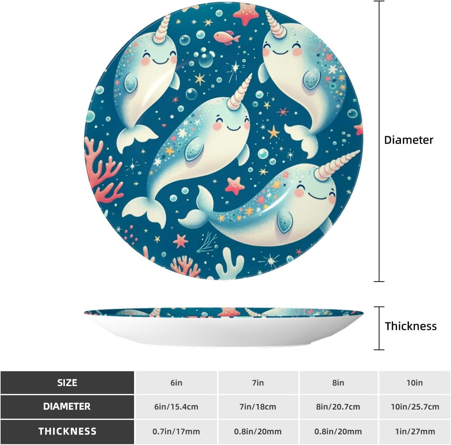 Kawaii-Narwhals 10 Inch Decorative Plate With Stand, Elegant Display Wall Plate For Home Decor