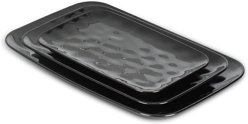 Platos rectangulares de cerámica para servir – Bandejas de porcelana de 14", 12" y 10" para fiestas, barbacoas, aperitivos, postres de sushi, aptos para microondas y lavavajillas, juego de 3, color negro brillante