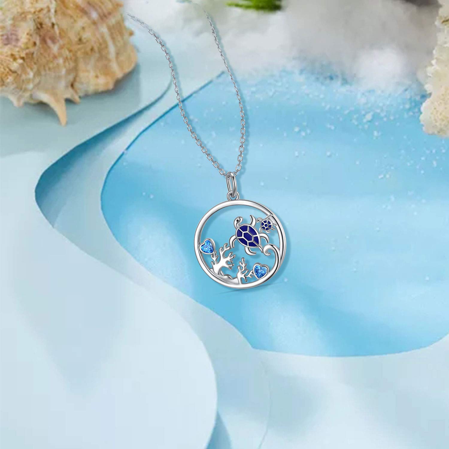 Collar con colgante de estrella de mar/tortuga con temática de océano para mujeres y niñas, collar de animales oceánicos de plata de 45,7 cm + 5 cm, Plata esterlina, circonita