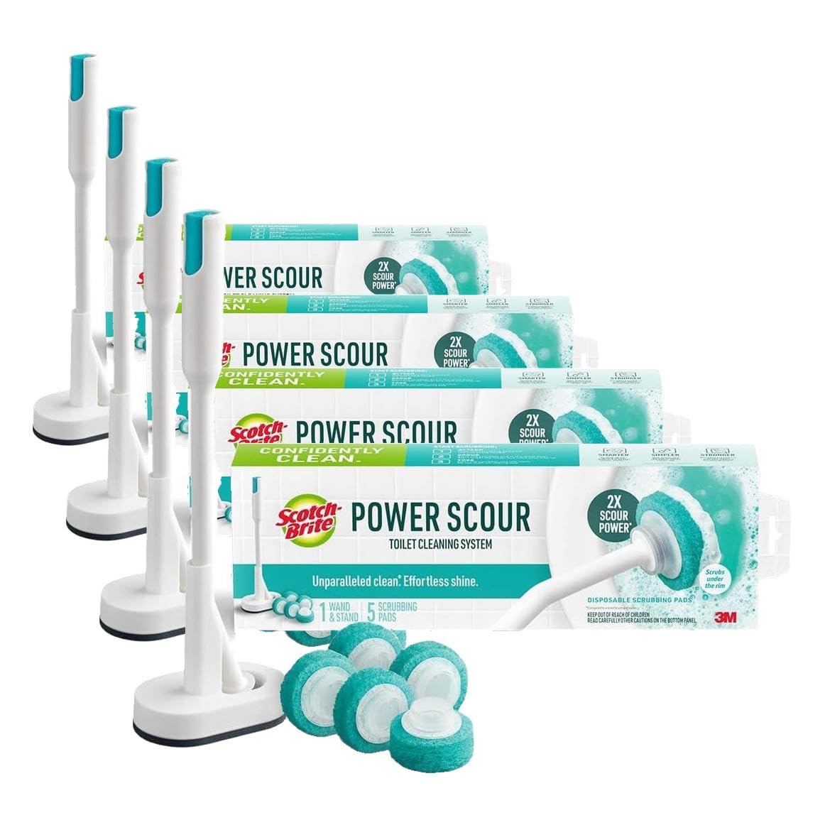 Scotch-Brite Power Scour Toilet Cleaning System, Toilet Bowl Cleaner with Disposable Scrub Pad Tablets, Includes 1 Wand, Stand and 5 Scrubbing Pad Refills (Pack of 4)
