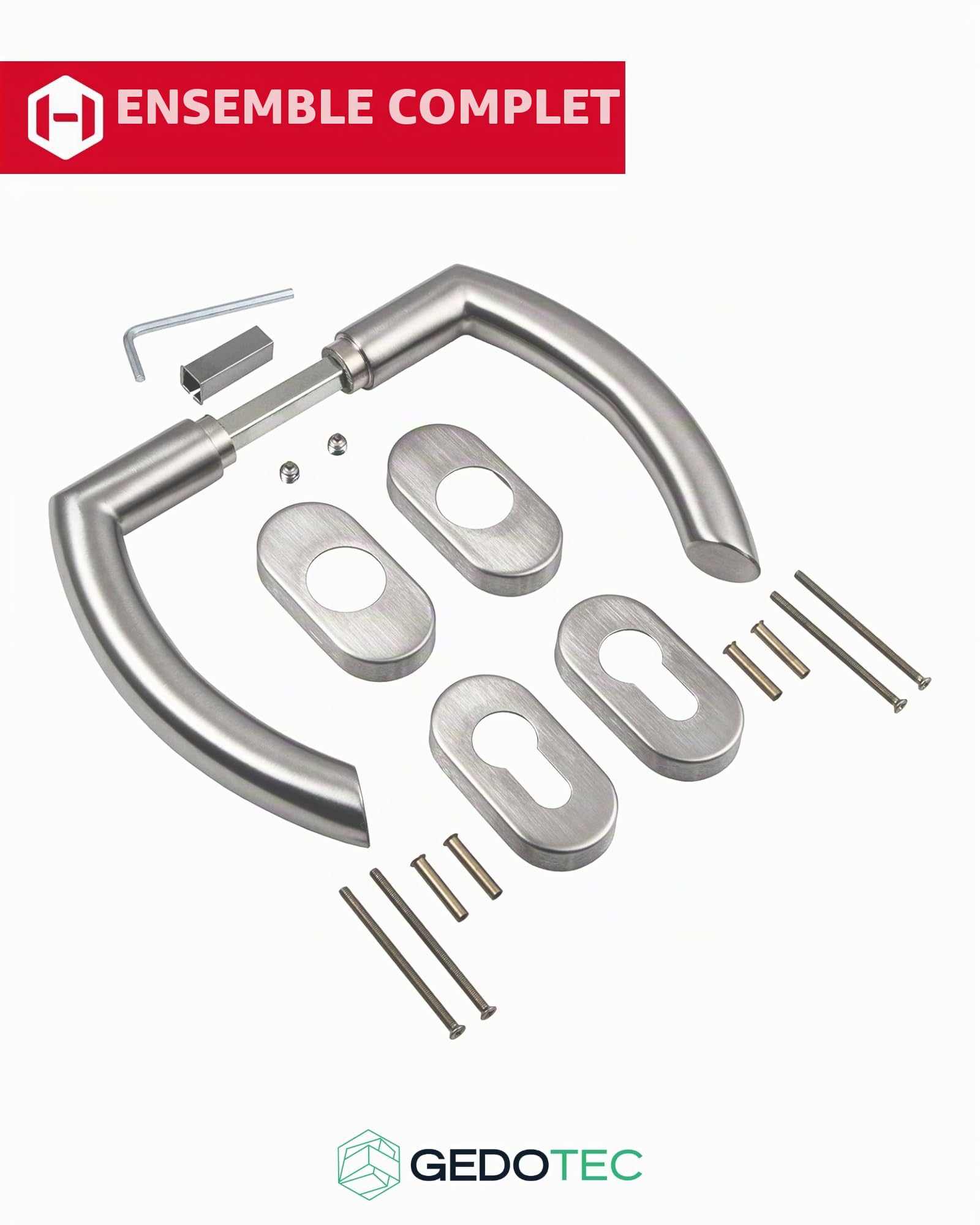 Gedotec Poignee de Porte | Lisbonne | CUBA | 1 Paire | Portail de jardin Ferrure de porte en Acier Inoxydable en Forme de L sur rosace ovale | Garniture de Poignée PZ - Cylindre Profilé