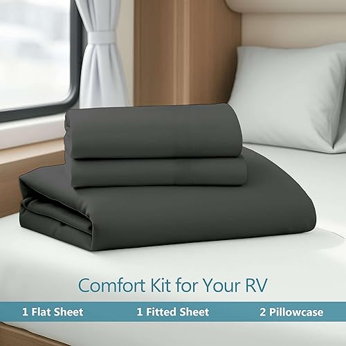 Miniatura 3 de Juego de sábanas de 4 piezas para caravana de tres cuartos (48 x 80), color gris oscuro, sábana bajera de bolsillo profundo para colchón de 15