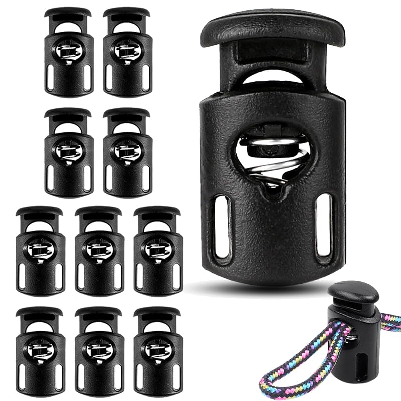 BTOPB 10 Stück Schwarz Kordelstopper 1 Loch Band Klemme Jacke Gummikordel Stopper Schnellverschluss Schnürsenkel