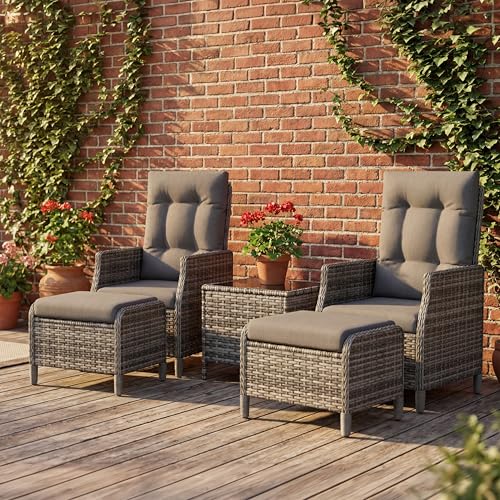 UDPATIO Lounge Möbel Outdoor Set 5-teilig mit Verstellbaren Sessel, Fußhocker und Couchtisch | Rattan Gartenmöbel | Balkonmöbel Kleiner Balkon | Wetterfest Terrassenmöbel | Dunkelgrau