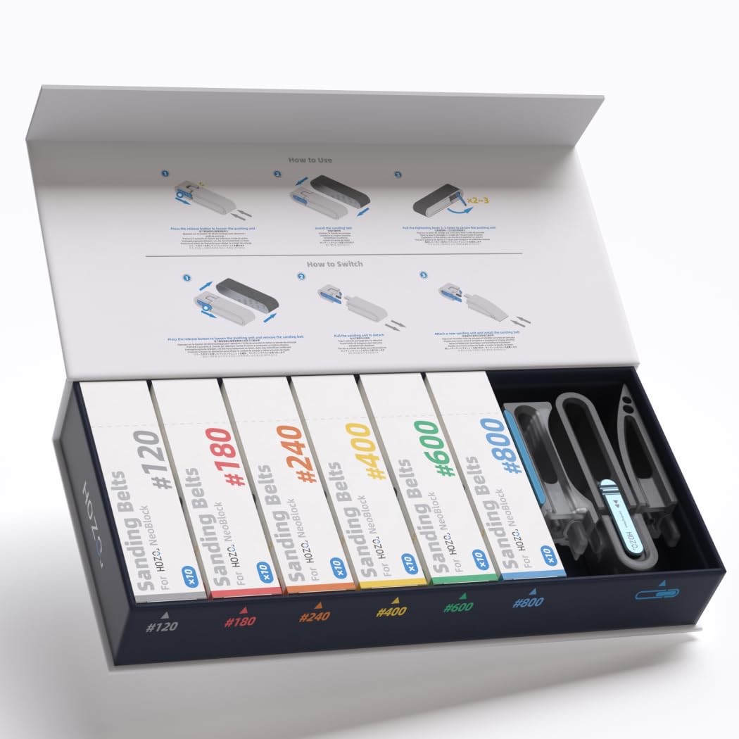 HOZO NeoBlock Premium Geschenk-Set – 1 Griff + 3 austauschbare Köpfe mit 60 Schleifbändern (120/180/240/400/600/800 Körnung, je 10 Stück), Geschenkbox-Verpackung für DIY- & 3D-Druck-Liebhaber