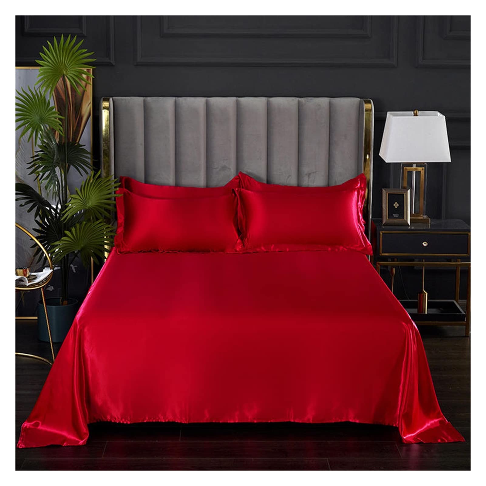 MTKSFDC Silk Bed Sheets 1 pc Bed Sheet for Summer Ice Cool Fabric Top Sheets Satin Smooth Flat Bed Sheet for Double Bedding (no pillowcase)(Dahong,250x230cm 98x90inch)