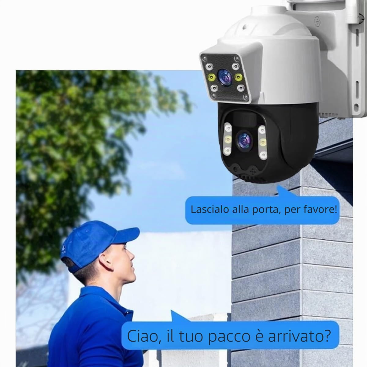 EMEBAY Telecamera Wi-Fi Esterno Senza Fili con Pannello Solare, Videocamera Sorveglianza Esterno Batteria, 6MP/2 Lenti/Rotazione a 360°/Rilevamento Umano/Visione Notturna a Colori/Audio bidirezionale