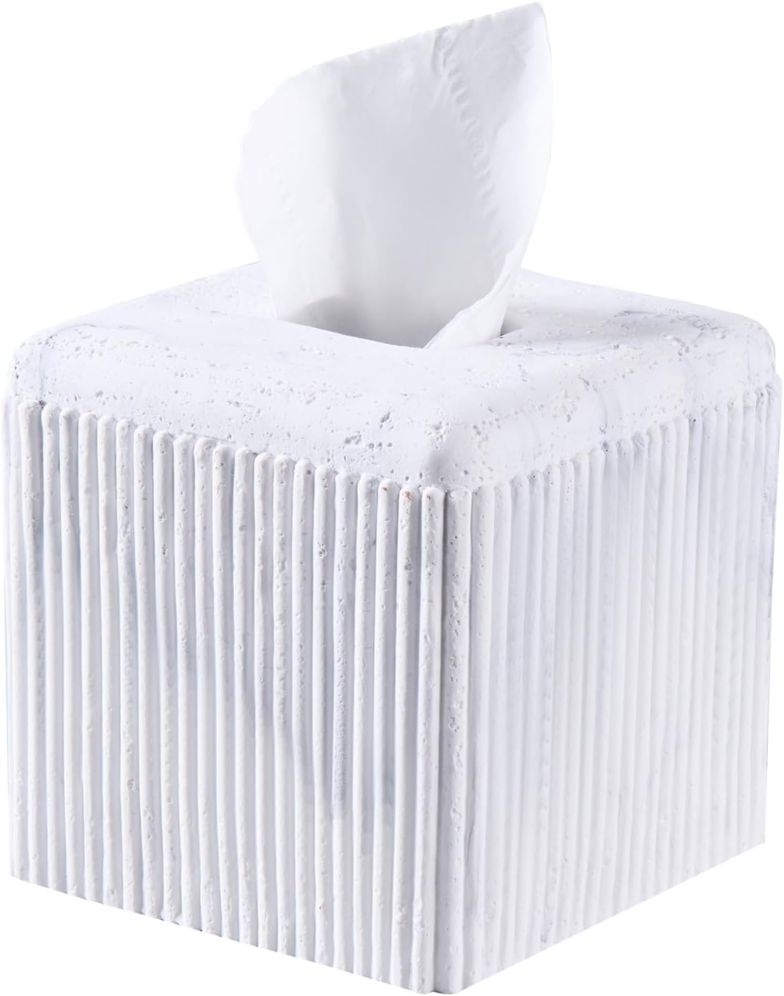 White Travertine Texture Striped Square Tissue Box Cover Decorative,Resin Heavy Sturdy Tissue Box Holder, Facial Paper Holder for Bathroom Vanity Countertop, Bedroom Night Stand,Office and End Table A-white Travertine B-Boho