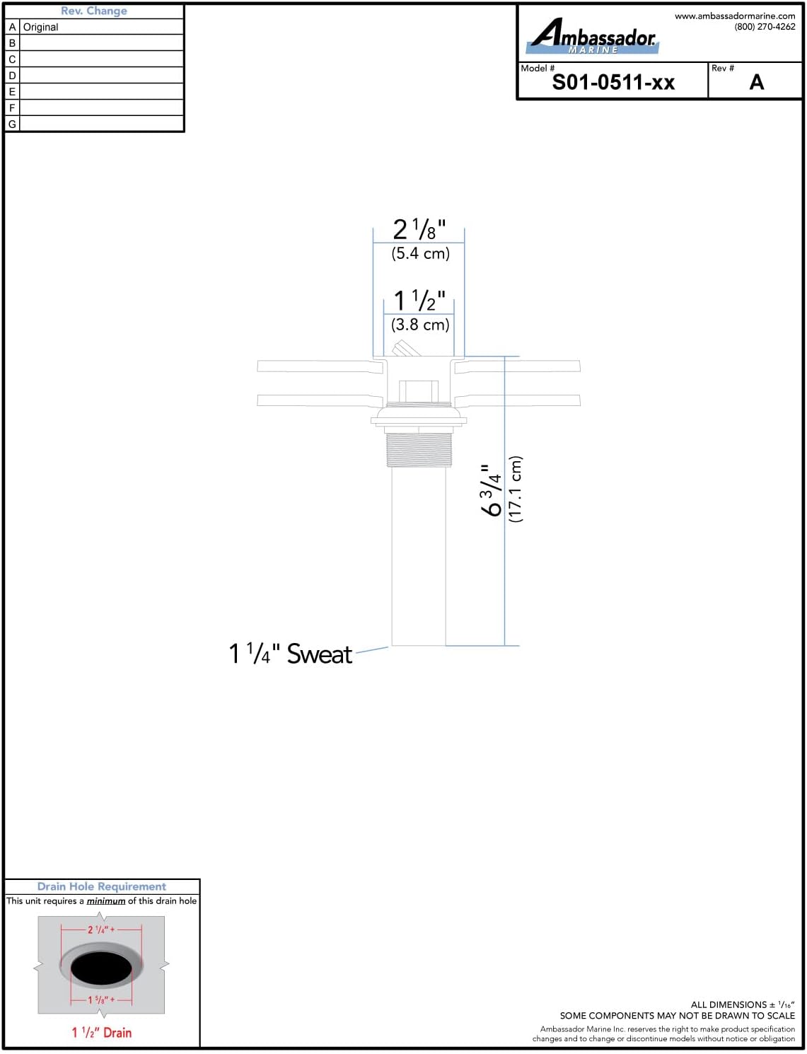Ambassador Marine - 1-1/2 inch Drain, Flip Drain - with Overflow, Straight, 1-1/4 inch Sweat - Chrome - S01-0511-CP-W
