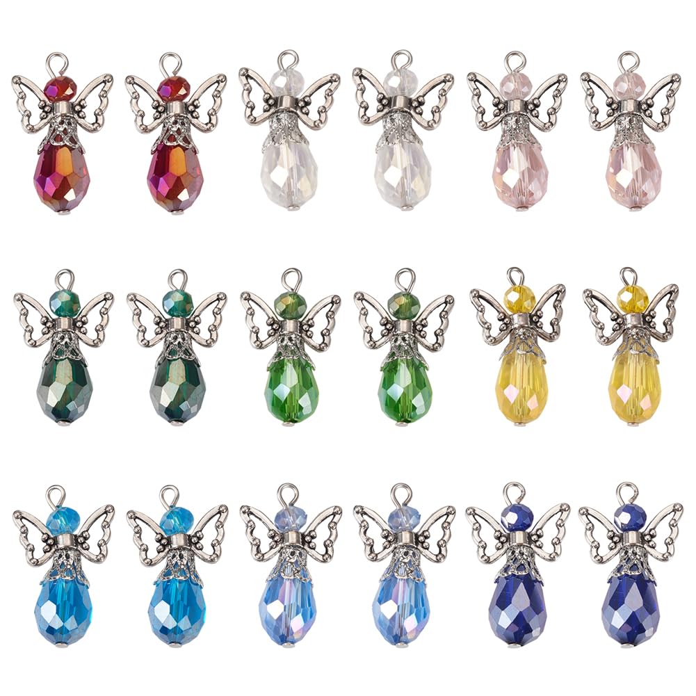 FASHEWELRY 18Pcs Angel Crystal Charm Colorful Angel Wing Dangle Pendant Faceted Glass Angel Wing Keyring Charm for Jewelry Making