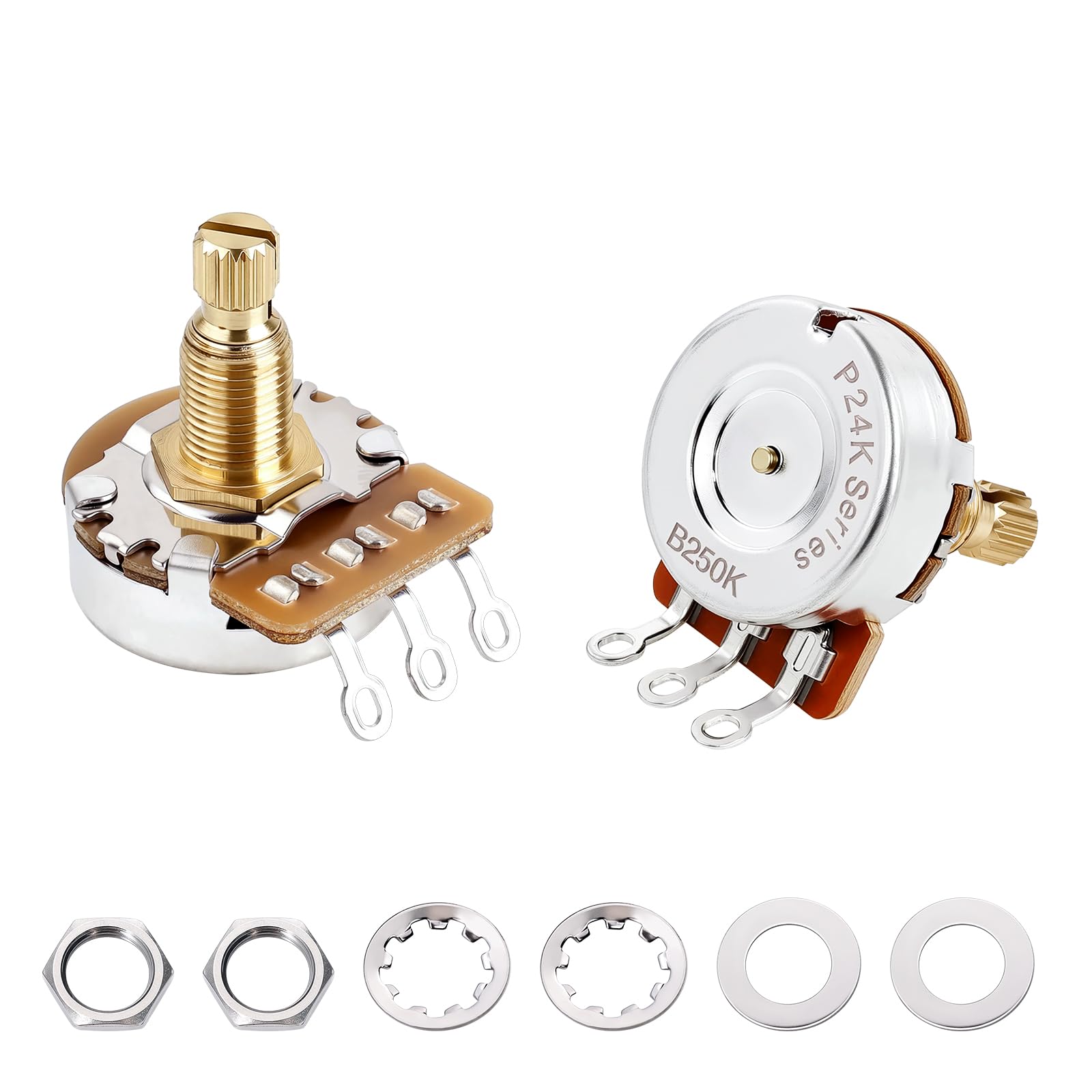 Banworks Brass B250K M8 Thread Full Sized Electric Guitars Pots Metric 18-Spline Split Long Shaft (18mm Length) Linear Taper Potentiometer for Epiphone Les Paul LP/SG Squier Strat/Tele 2pcs JT/XNQ-16