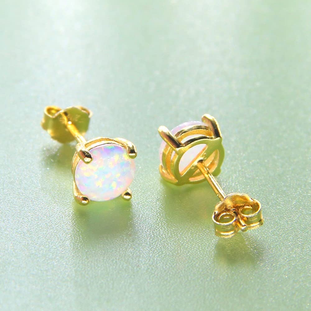 YDYDTTKD Ohrstecker aus 14 Karat Gelbgold gefülltem Sterlingsilber, 3/4/5/6 mm, Feueropal-Edelstein, für Damen und Herren, Farbe Weiß – Blau, Rosa, Grün, Schwarz