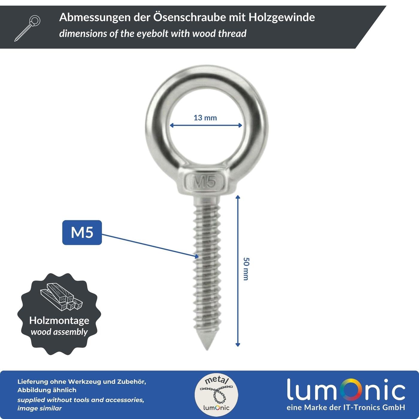 Lumonic Vite con occhiello in acciaio inox V2A con filettatura in legno, M5 x 50 mm, fissaggio a travi/pali in legno, vite ad anello per tenda da sole, amaca, altalena e catene