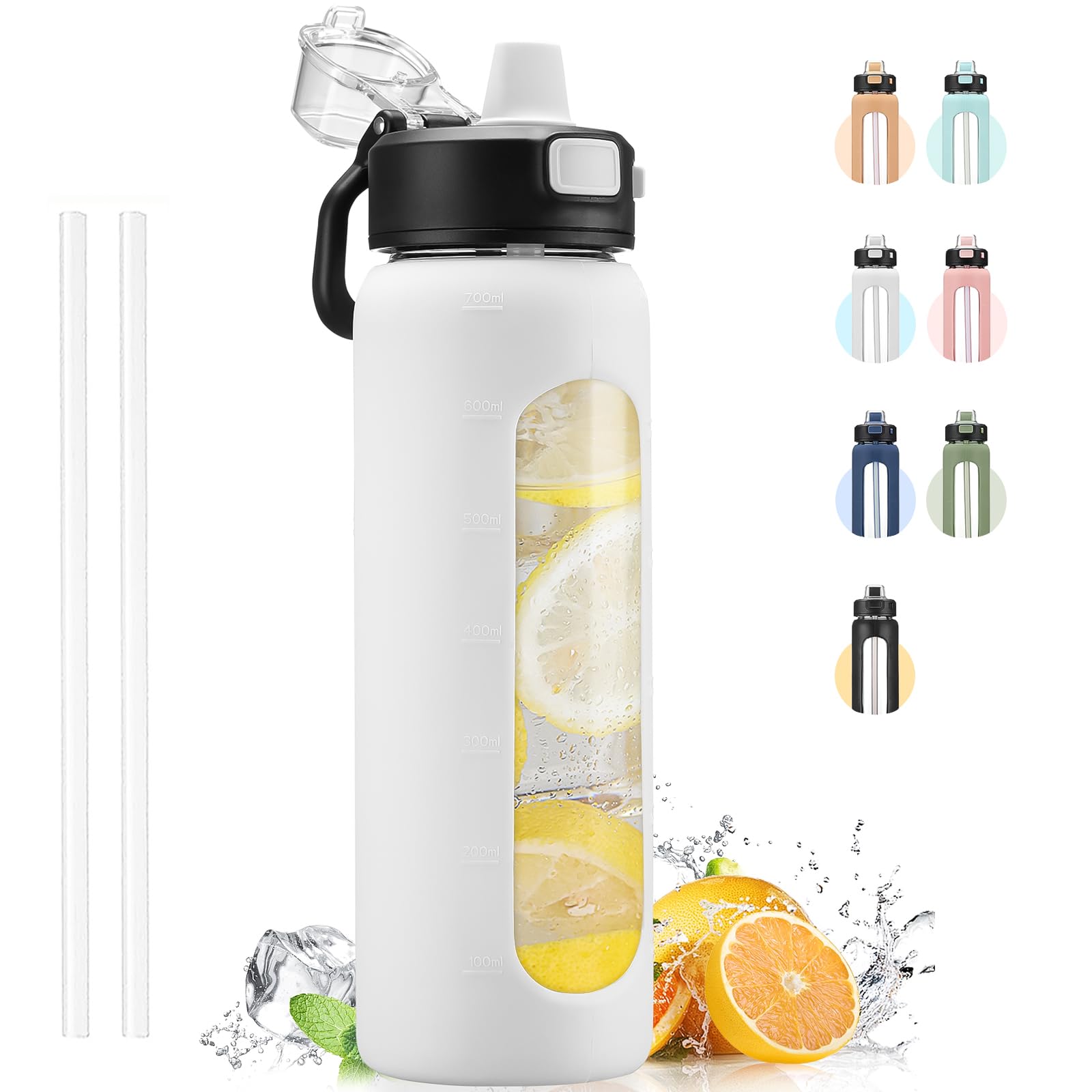 Kodrine Water Bottle With Straw and Carry Handle, Glass Water Bottle 24 oz Leak Proof Locking Lid with Soft Silicone Spout, Reusable Drinking Cups for