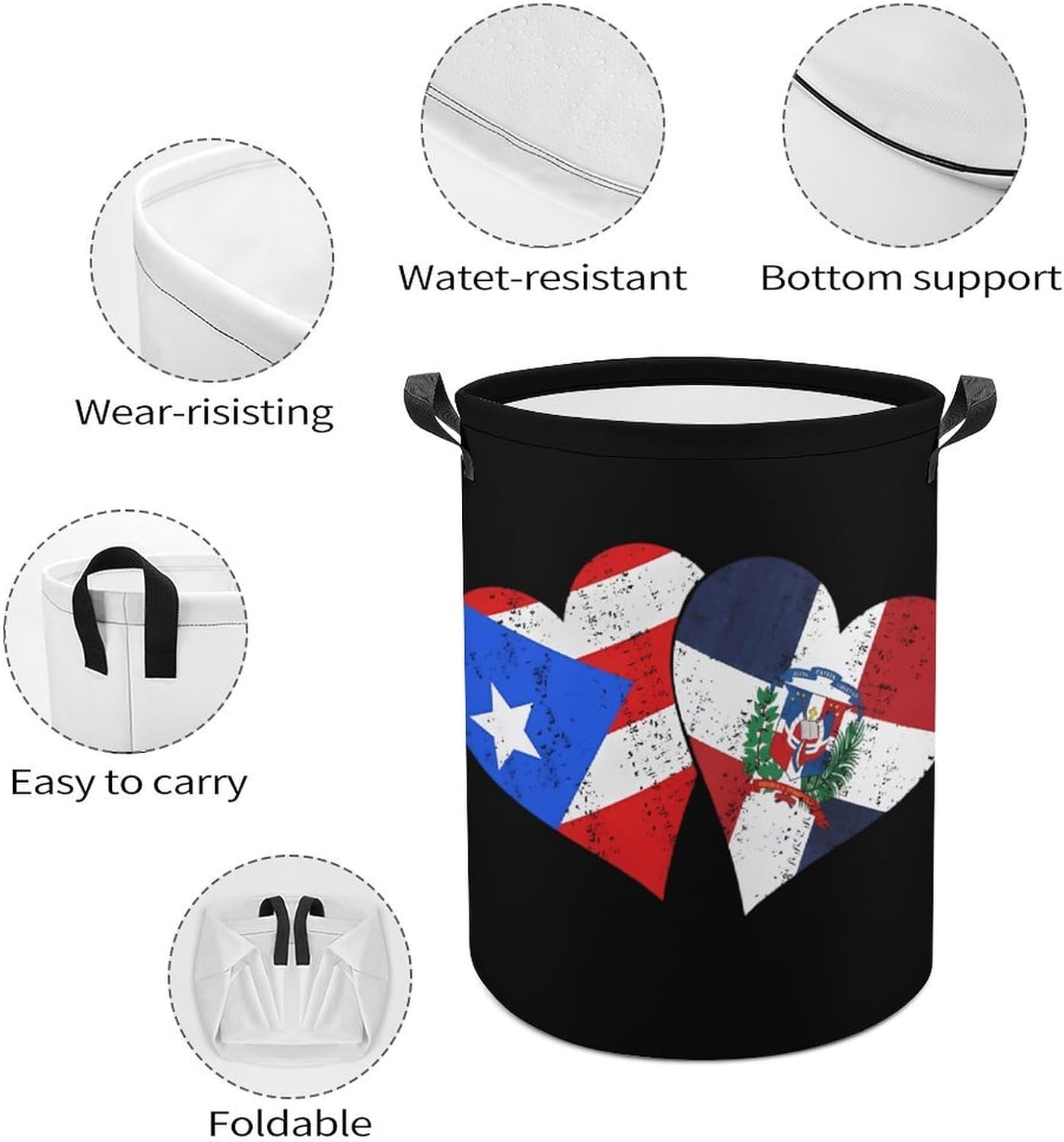 PR State Dominican Republic Flag Novelty Collapsible Laundry Baskets Waterproof Clothes Hamper Storage Bins with Handles 13.8"x13.8"x17.3" 17.3"x17.3"x17.3"
