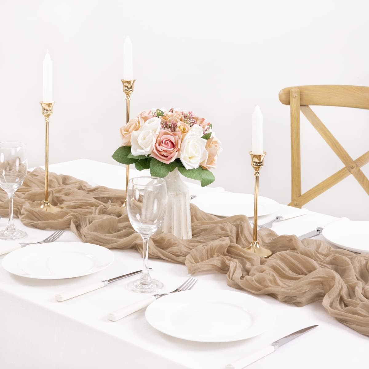 MLMC Seihtuch-Tischläufer, Boho, rustikal, Gaze, Taupe, Käsetuch, neutrale Dekoration, 89 x 305 cm, für Empfang, Hochzeit, Brautparty, Party, Dekoration, 12 Stück