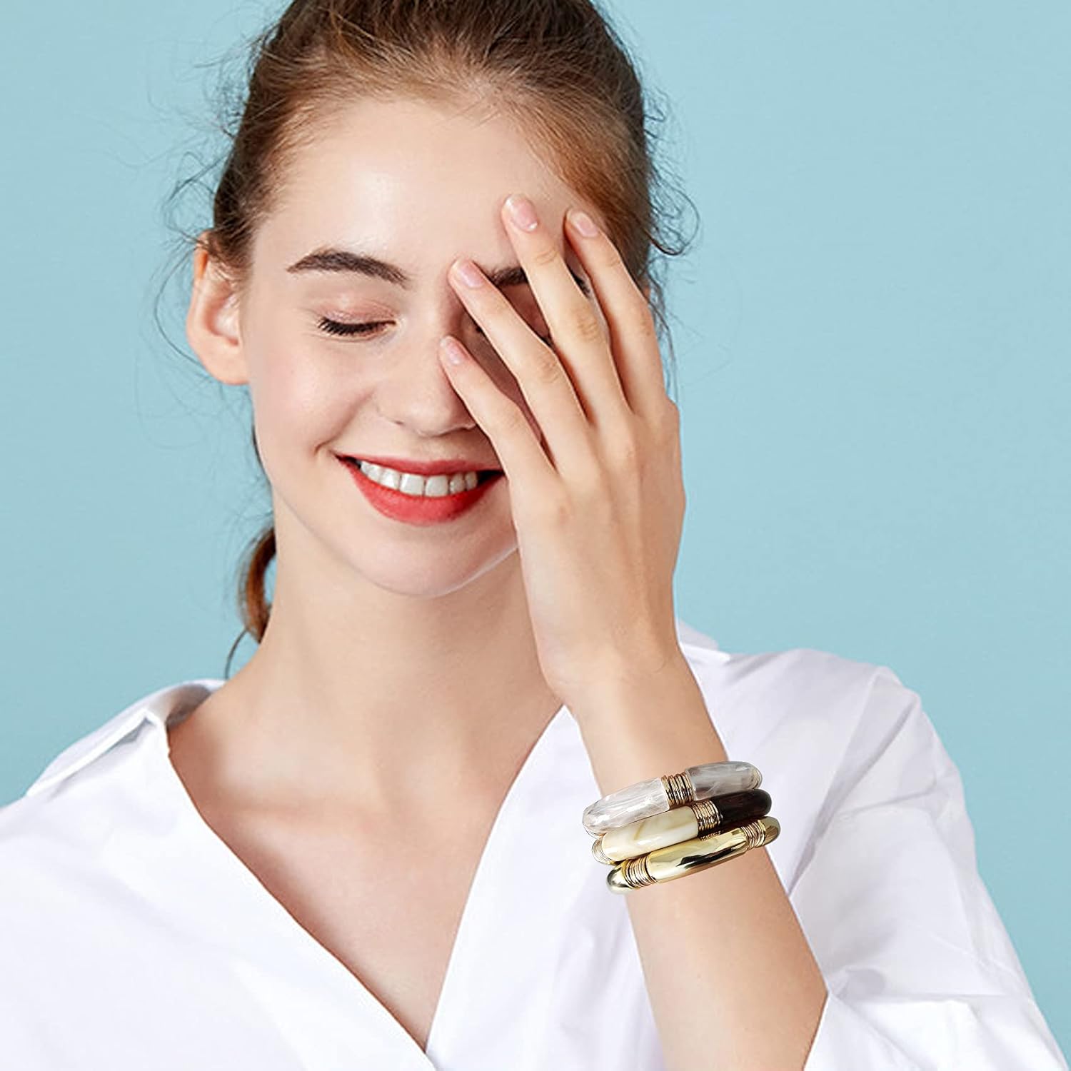 GOOJIDS Simple Beaded Gold Plated Bangles Bracelet Chunky Bamboo Tube Curved Stacking Clear Acrylic Colorful Beads Stretchable Gold Plated Bracelets Set For Women - Image 4