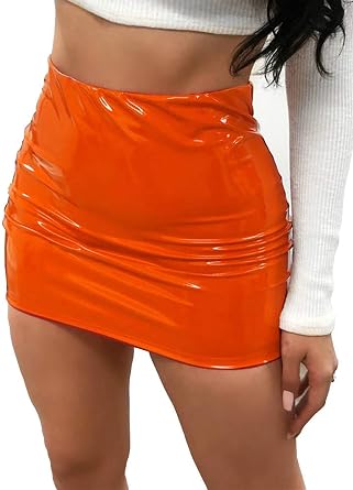 Lizxun Women Y2K Skinny Sequined PU Leather Mini Pencil Skirts Sexy Bright Leather Bodycon Mini Skirt Evening Party Clubwear
