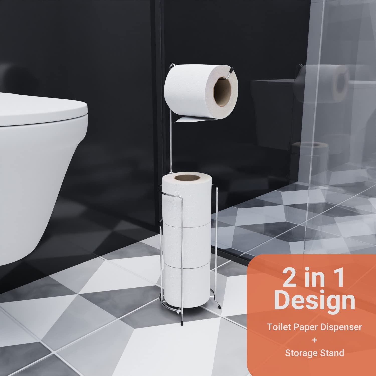 Absolute Living Free Standing Toilet Paper Holder with Storage, Holds 5 Rolls Total, 24.5" Tall - Image 2