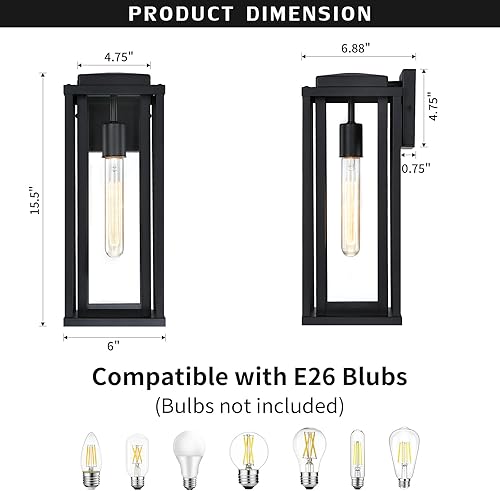 Miniatura 5 de Lámparas de pared para exteriores de 15 pulgadas, lámparas de pared para exteriores con pantalla de vidrio transparente, antióxido, impermeable,