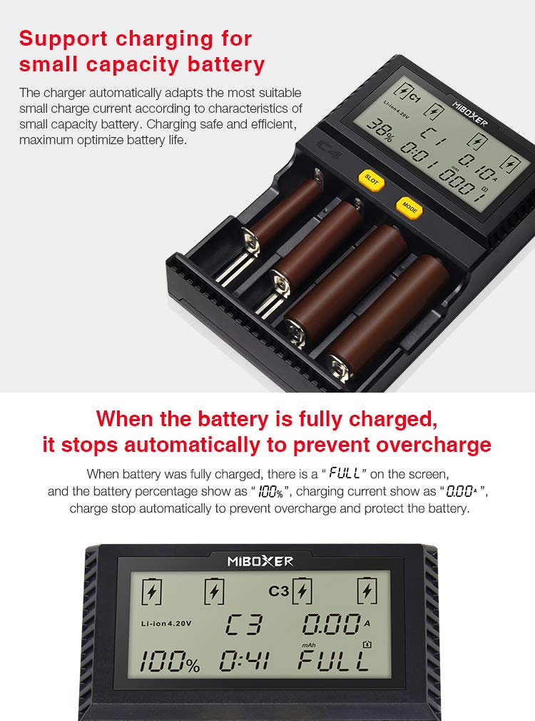 LGIDTECH C4 Miboxer 18650 inteligentna ładowarka baterii 4 gniazda z wyświetlaczem LCD do akumulatorów Li-ion/IMR/INR/ICR/LiFePO4-26650 16340 18500 18350 17670 RCR123, Ni-MH/Ni-Cd-AA/AAA/C/SC