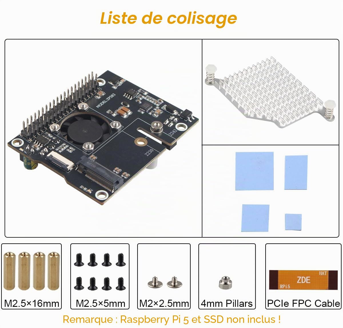 ZDE ZP583 PoE+ Hat PCIe to M.2 Key-M NVMe SSD Adapter for Raspberry Pi 5 | Power Over Ethernet HAT, with Aluminum Alloy Heatsink Onboard Cooling Fan, Support M.2 NVMe SSD 2230 2242