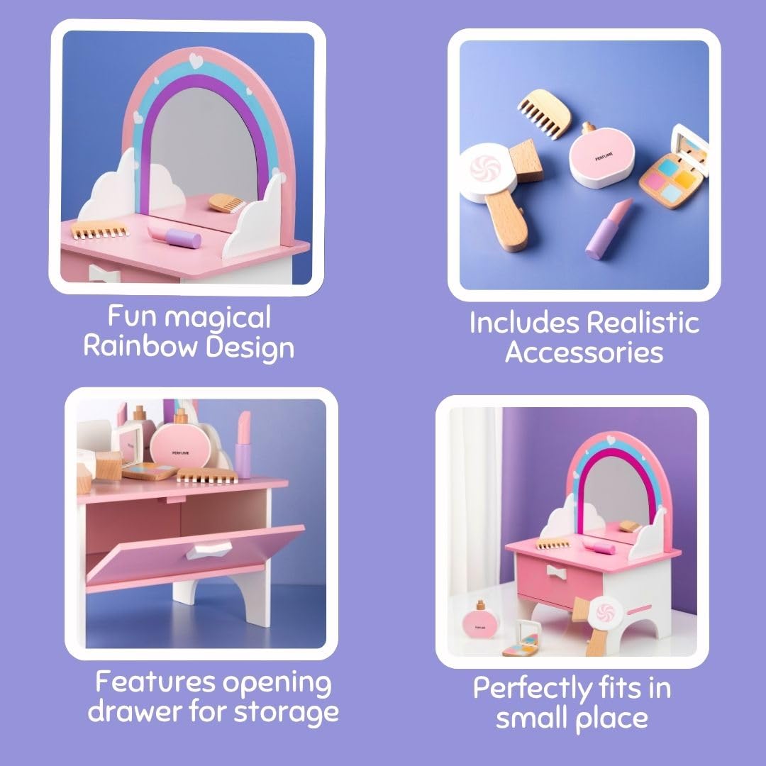 Cots and Cuddles Wooden Dressing Table Playset for Kids | Pretend Play Makeup Set with Wooden Hair Dryer, Perfume, Lipstick, Comb & Mirror (Age 3+) - Image 3 thumbnail