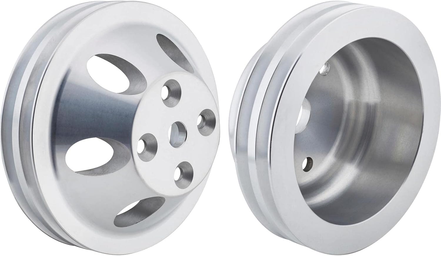 Speedway Motors SBC Aluminum Double Groove Pulley Set for Long Water Pump, Lightweight Precision Machined Cast Aluminum, 6.6 Inch V-Belt Pulleys, 1969-1985 SBC