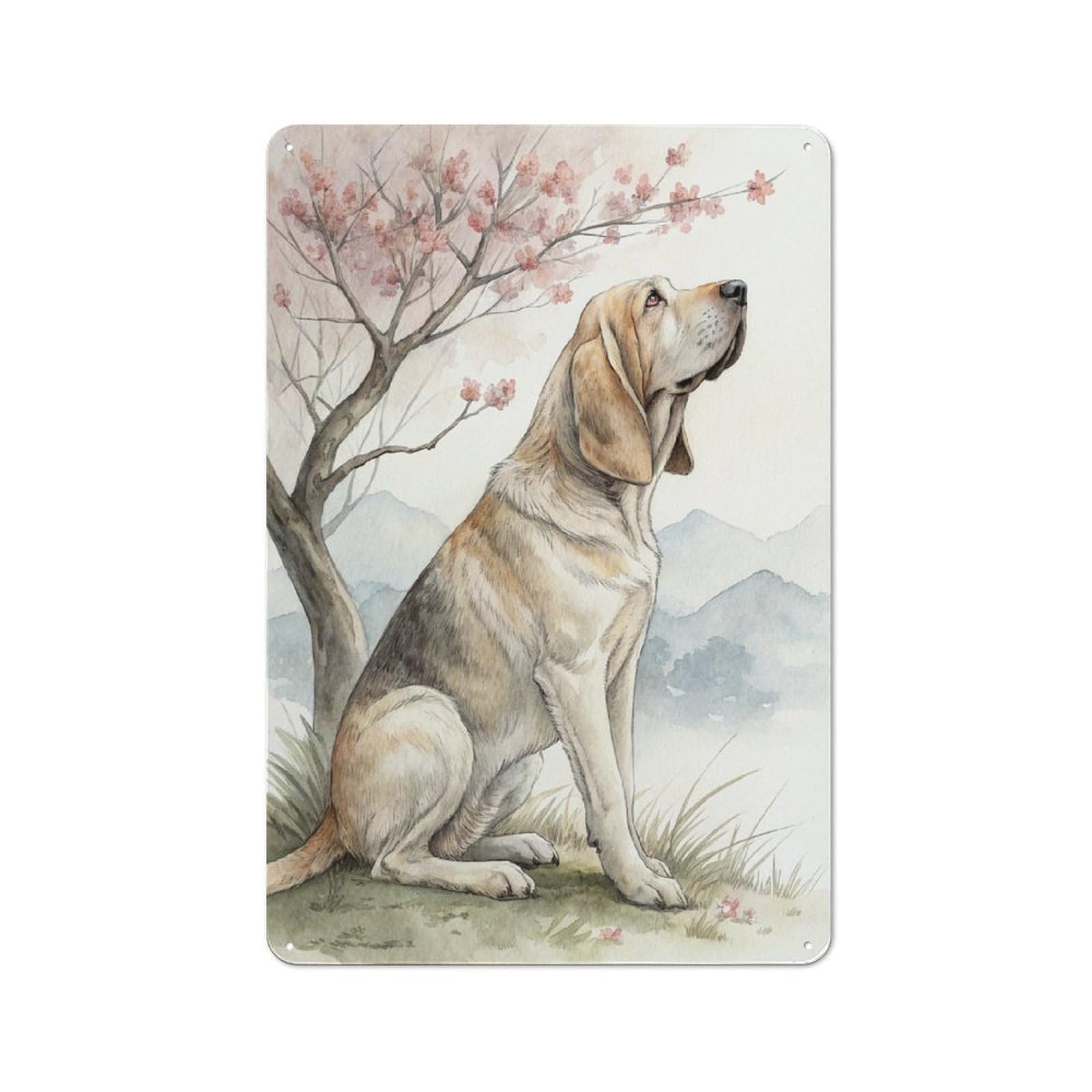 Junmoney Style-19 Metal Wall Sign 30X20cm Featuring Bloodhound Under A Cherry Blossom Tree For Bar Or Restaurant, Gift For Bar Decor Enthusiasts During The Christmas Season