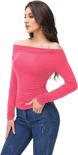Women's Casual Long Sleeve Ruched Waist Boat Neck Off Shoulder Going Out Tops Pl