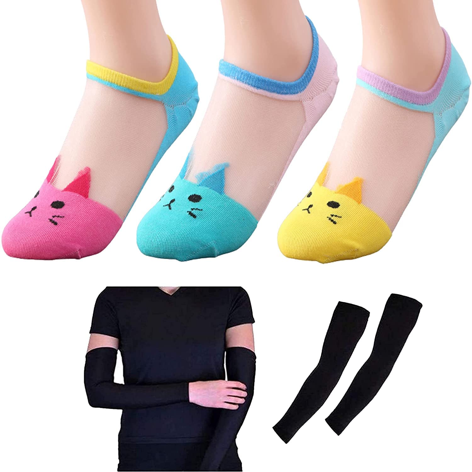 FATON Anti-Slip Men and Women Invisible No show Cotton Loafer Socks (Pack Of 3) with anti slip silicon grip combo Sun Protection Arm Sleeve-picture-12
