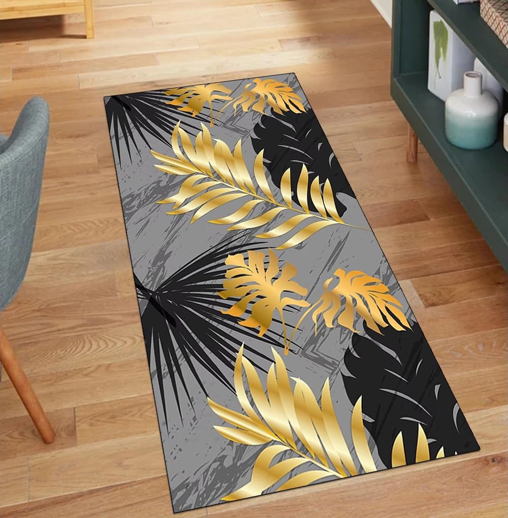 Tapis de couloir gris 50x180 cm avec finitions soignées motif feuilles