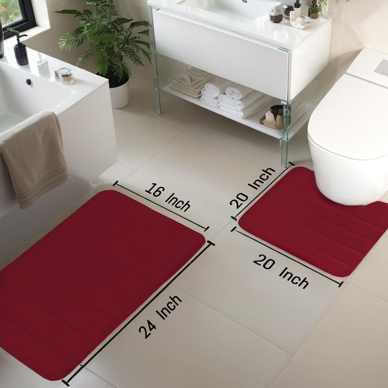 U-Shaped Toilet Bath Mat Set 2 Piece - Super Soft Absorbent Quick Dry Memory Foam Bathroom Rugs, Machine Washable Non Slip Floor Carpet for Tub Shower & Single Sink 17x24 & 20x20,(Burgundy)