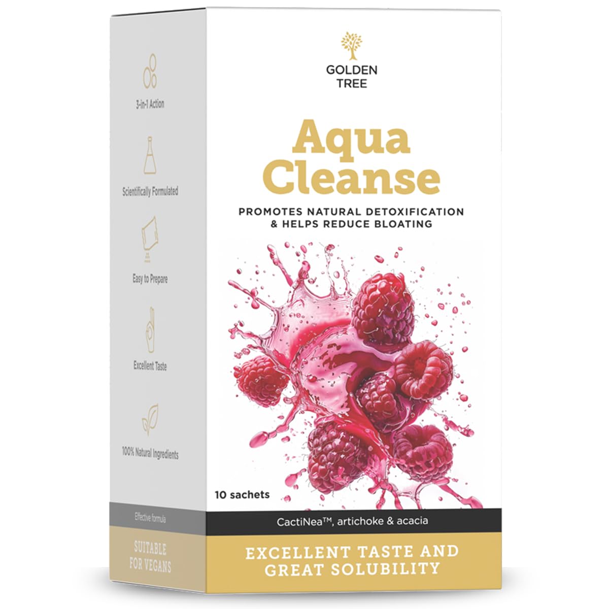 Golden Tree Aqua Cleanse – Polvo para Bebida Vegetal con Extracto de Alcachofa, Cola de Caballo y Extracto de Raíz de Diente de León con 11% de Inulina – 10 Sobres (54 g (Paquete de 1))