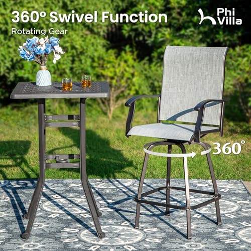 Image of PHI VILLA Outdoor Swivel Patio Bar Stools Set of 6, 30 Inch Bar Height Tall Patio Chairs with Back & Armrest, Durable Textilene Fabric in Grey for Deck Lawn Garden
