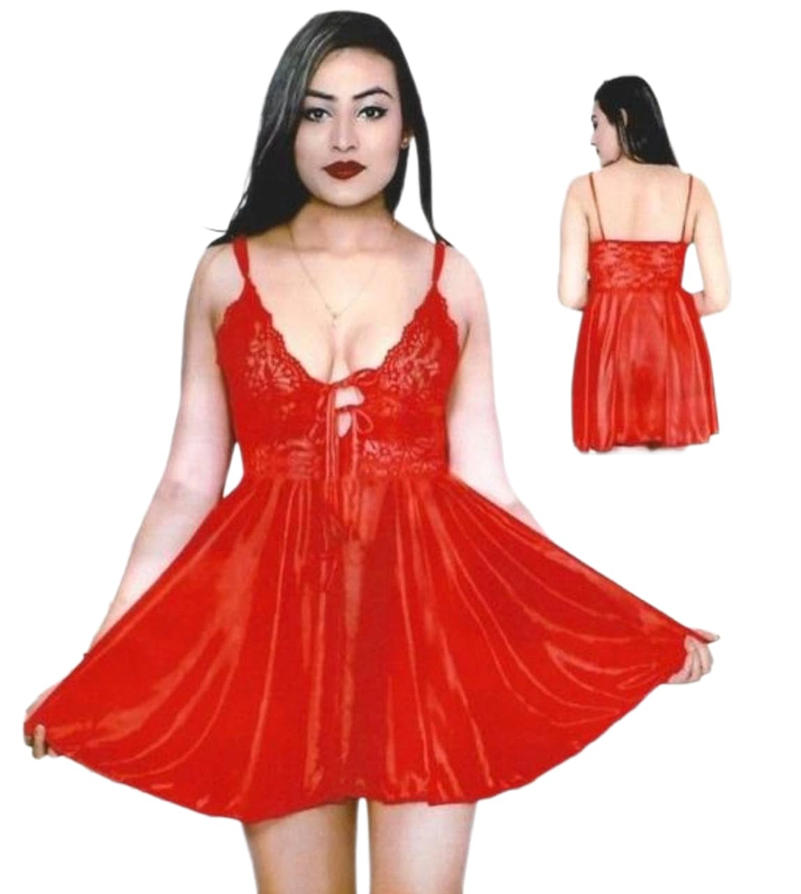 MOOLYAVAAN Products Women Satin Lace Babydoll Short Nighty Set with Panty | Short Sexy Lingerie Dress | Soft Sleepwear (Red)-image-20