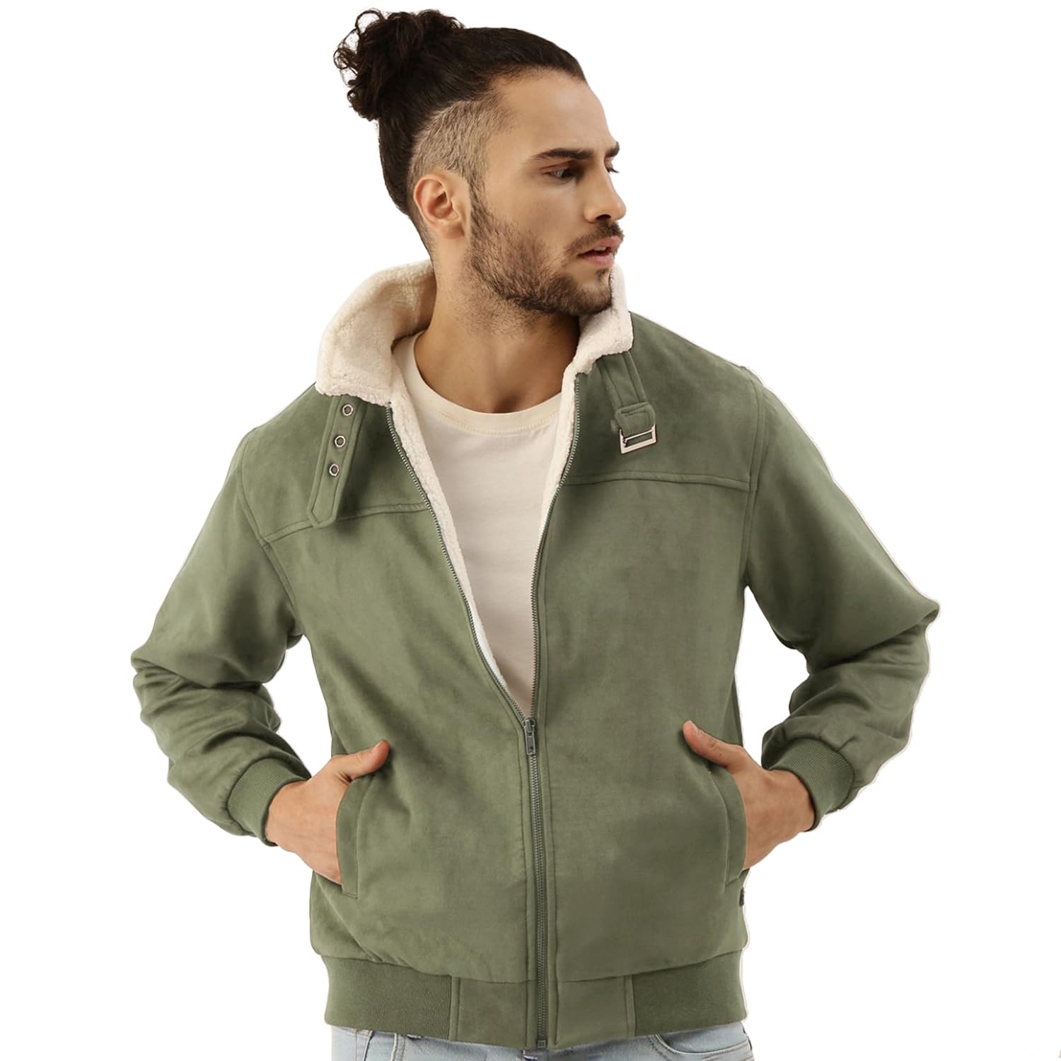Men's Front Zipper Jacket With Fleece For Casual Wear | Long Sleeve | High Neck | Zipper Closure | Suede Jacket Crafted With Comfort Fit For Everyday Wear