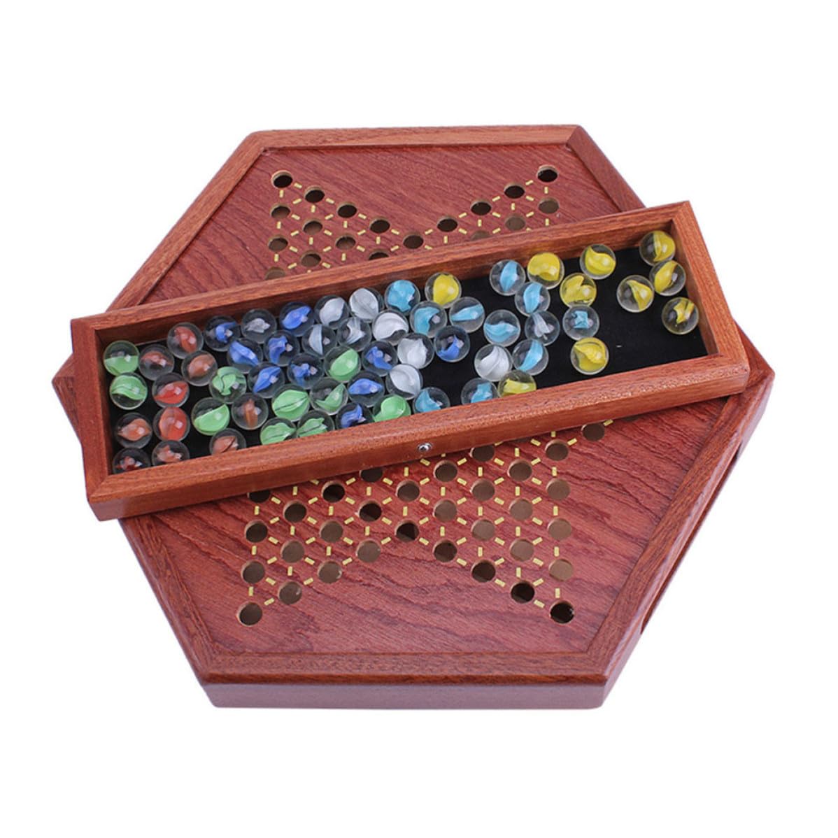 Dama Cinese in Legno Esagonale con Cassetto, , Marrone | Gioco in Legno, Pedine in Vetro, Cassetto Porta-pedine, Intrattenimento Familiare