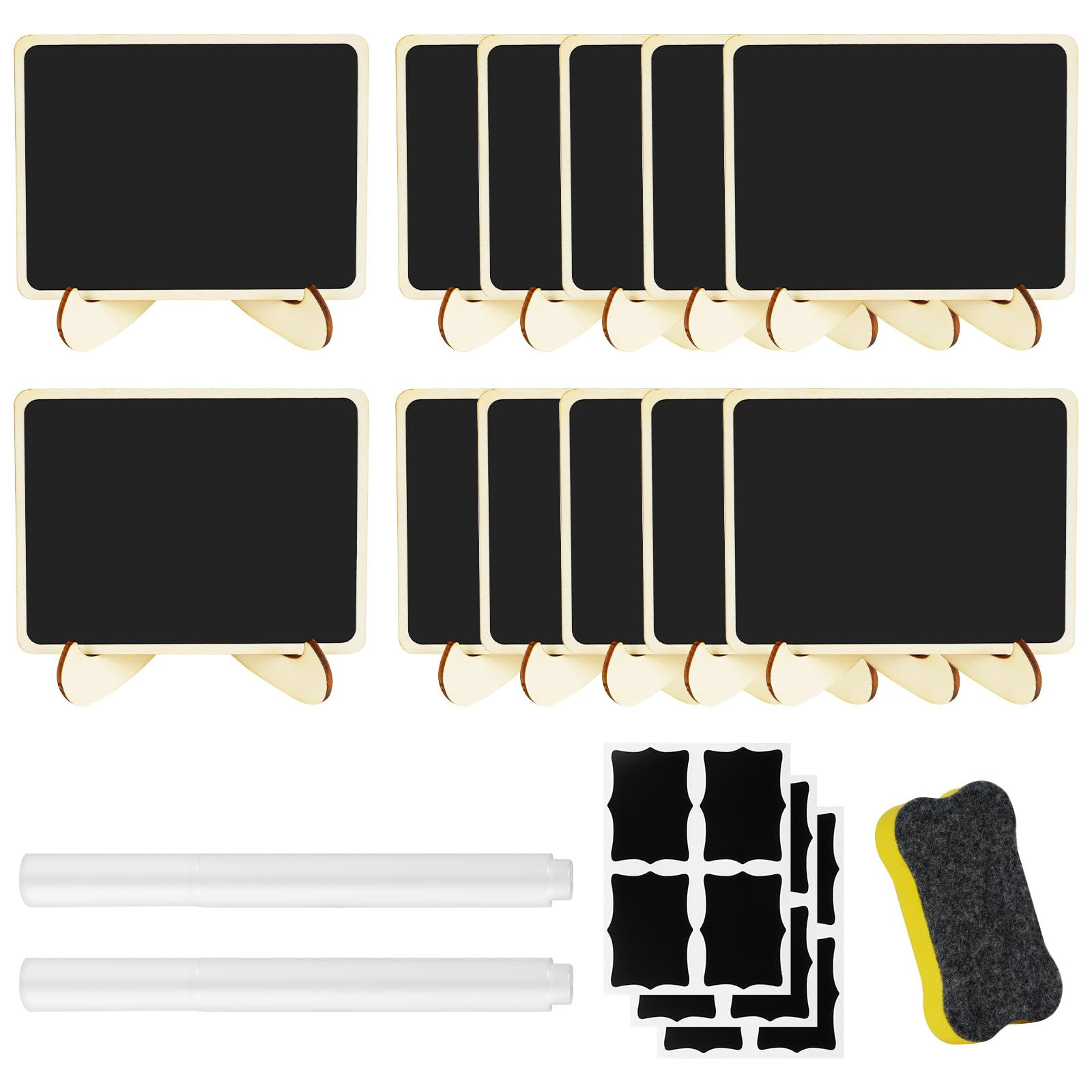 AUAUY 12 Pcs Mini Chalkboard Signs, Small Chalk Board with Stand, 2 Water-Soluble Pens, 12 Small PVC Papers for Buffet Food Label, Seating Card, Table Number, Price Tag, Event Message Board(Rectangle) — image 1
