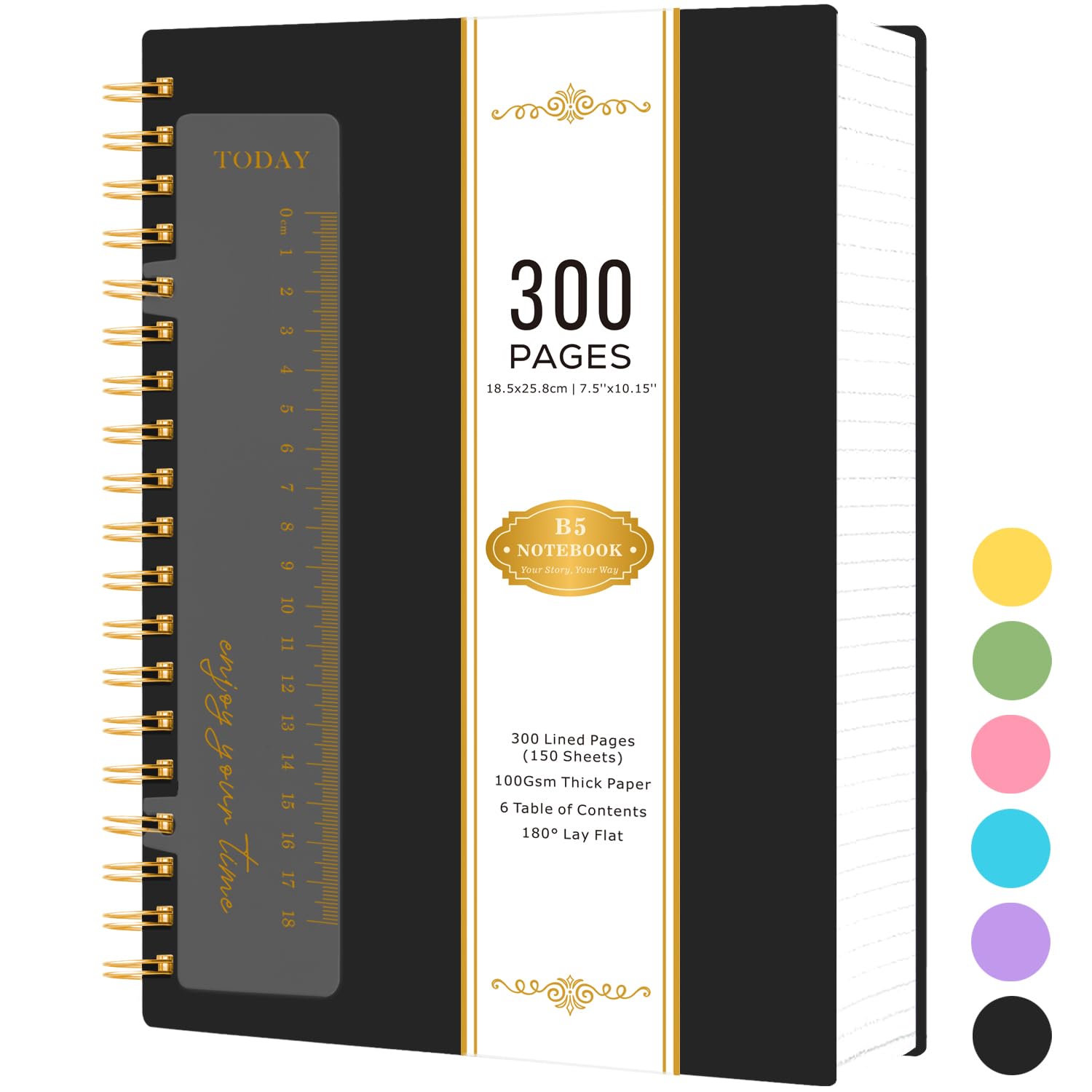 NIRMIRO Spiral Notebook B5, 300 Pages Wirebound Notepad Hardback, Black PVC Cover Note Book for Writing 100GSM A4 Lined Paper