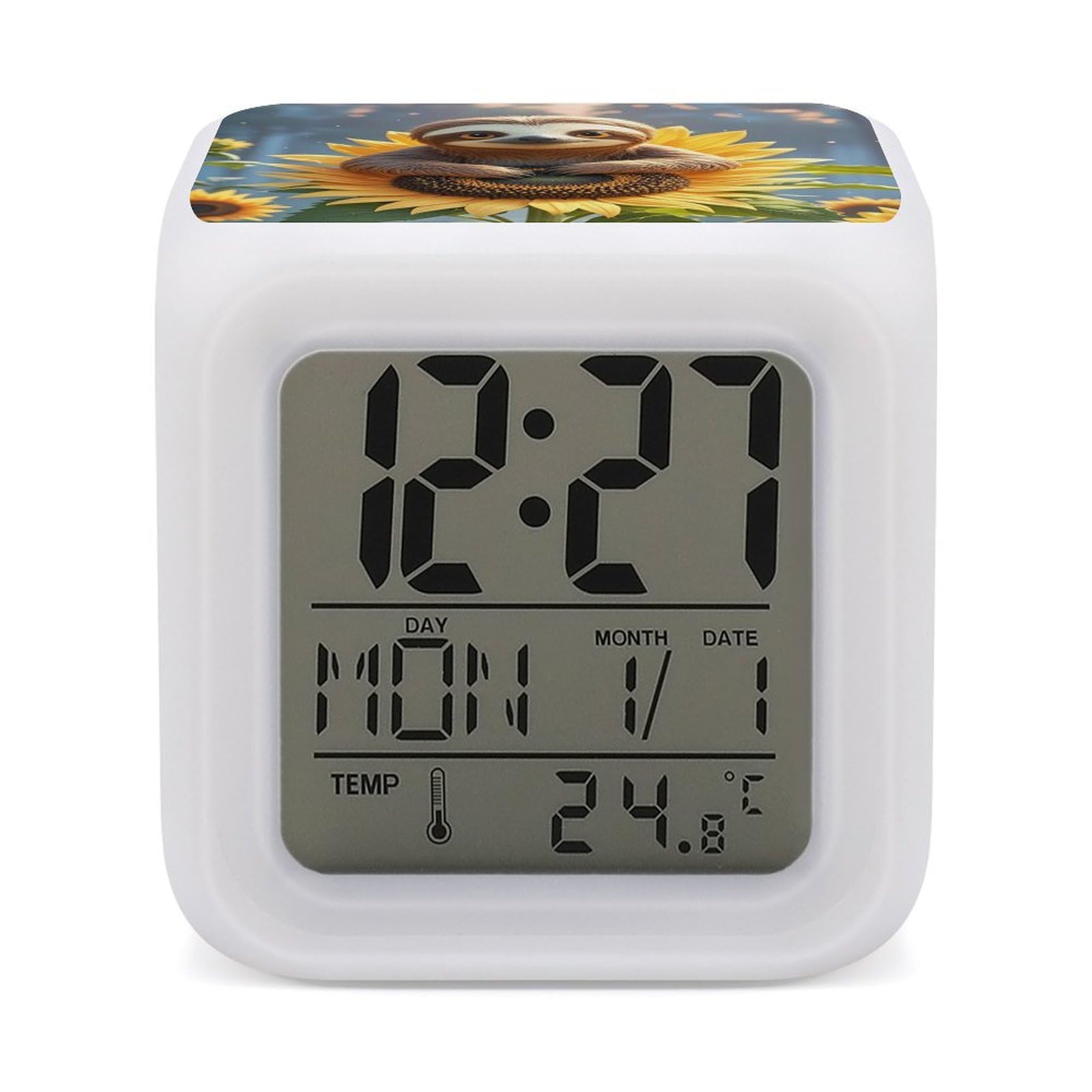 LZQPOEAS Cartoon Sloth Sitting on Sunflower Alarm Clock Desk Clock with 7 Color Changing Night Light Digital Clocks with Temperature Display Sleep Training and Sound Machine for Heavy Sleeper