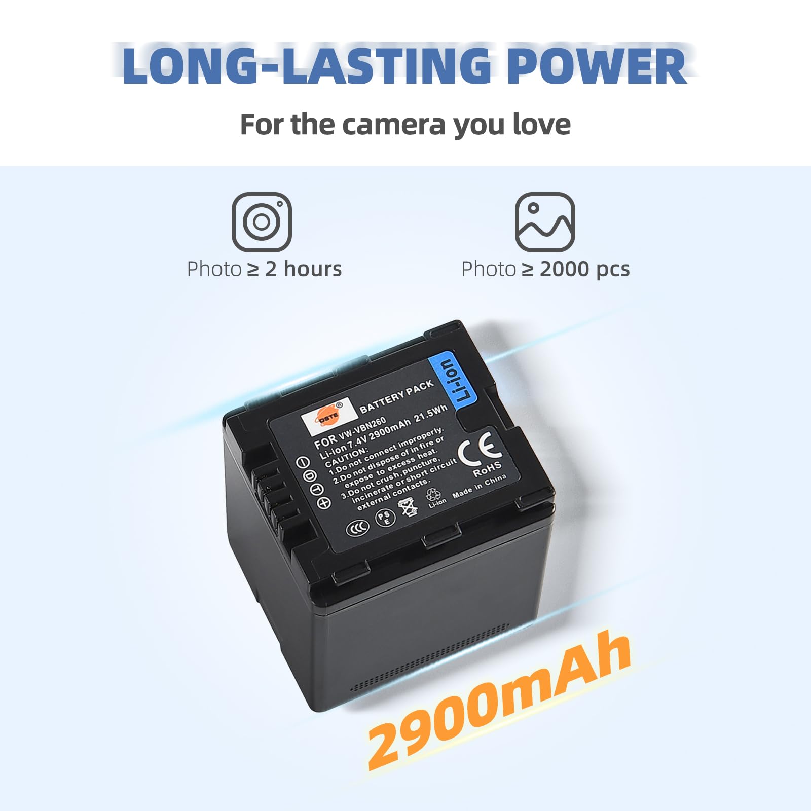 DSTE Rechange Batterie pour Panasonic VW-VBN260 Lumix HC-X800 HC-X900 HC-X910 HC-X920 HDC-HS900 HDC-SD800 HDC-SD900 HDC-TM900