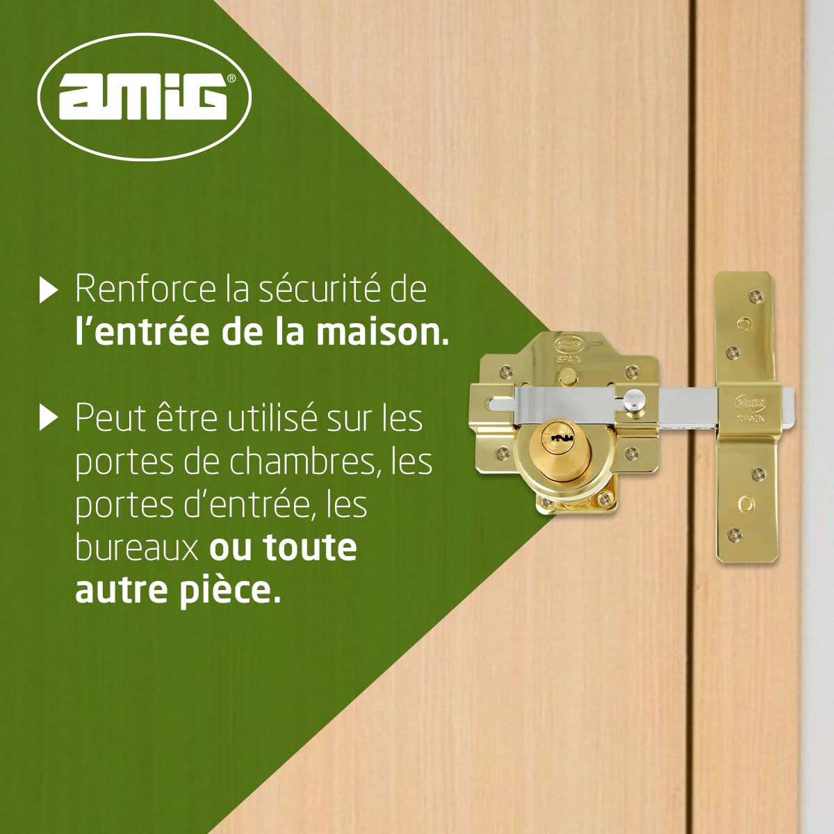 Amig - Serrure | Verrouillage de superposition | 105 x 170 mm | Or | Cylindre de sécurité 50 mm à 6 broches | Loquet d'ouverture | Système antibumping et protection contre les pics