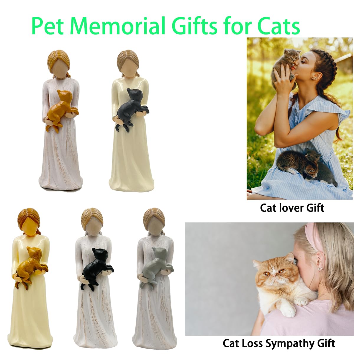 Cat Memorial Gifts, Grey Cat Figurines Loss of Cats Sympathy Gift, Friendship Guardian Angel Statue Cats Remembrance Gifts for Women