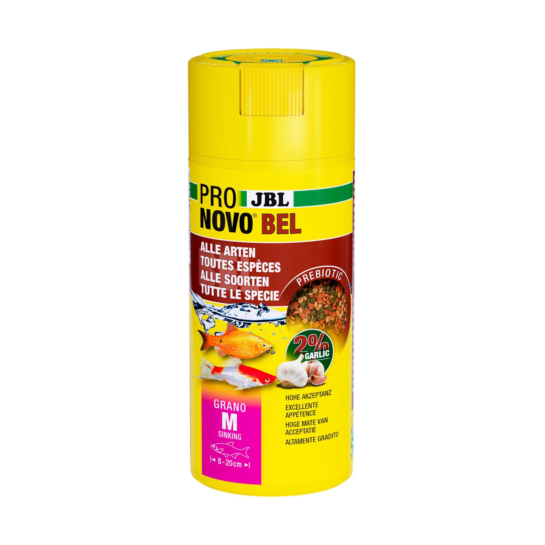 JBL PRONOVO BEL Grano, alimento Principal para Todos los Peces de Acuario de 8 a 20 cm, granulado de pienso para Peces, dosificador, tamaño M, 250 ml
