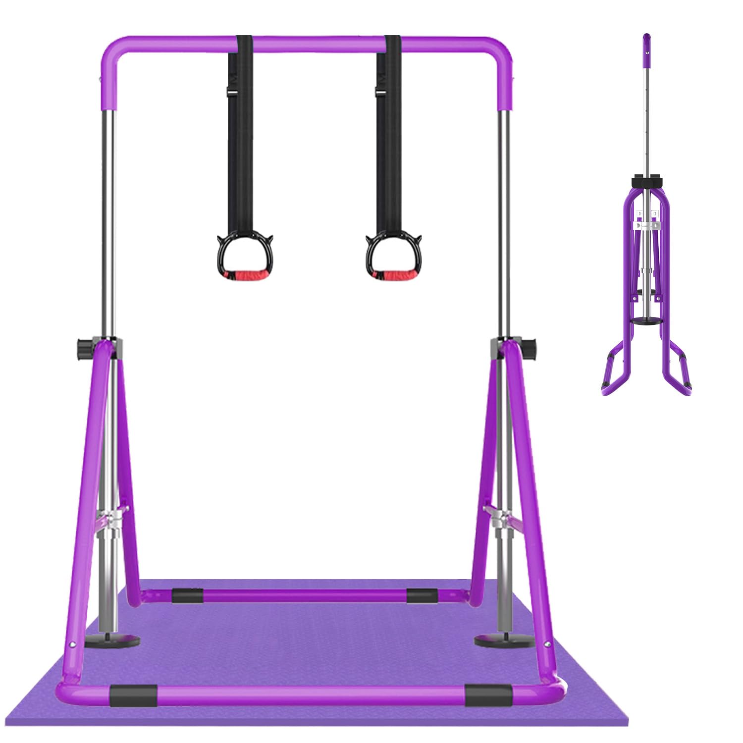 DOBESTS Gymnastikstange, Höhenverstellbares Turnreck 90-130cm, Faltbar | Mit Turnringen & Matte, bis 100 kg belastbar – platzsparend faltbares Gymnastikgerät für Zuhause, Fitnessraum & Garten