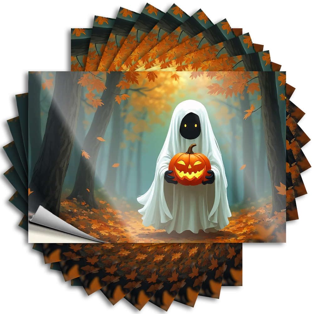 Funny Sticker Water Core Ghost Holding A Glowing Jack-o'-Lantern in an Autumn Forest. for Boys - Unique Home Decor Easy Peel Removable(6X9CM)