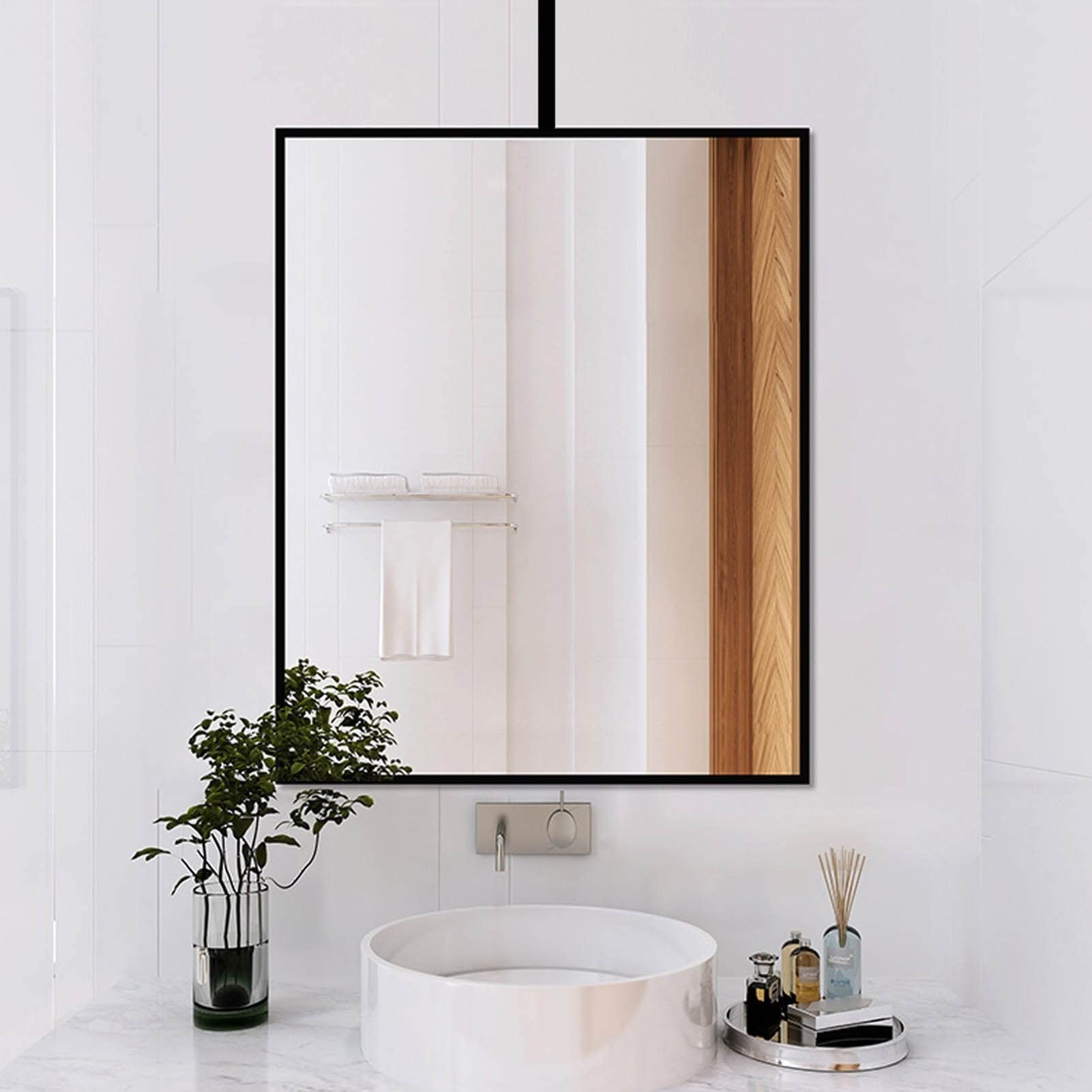 Refoiner Lustro do montażu na suficie, kwadratowe lustro ścienne Pływające lusterko do makijażu w łazience, lustro do domu lub hotelu Czarna metalowa rama - Konfigurowalne wiszące lustro z m